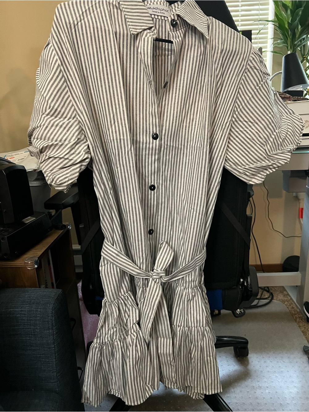 Striped Button-Front Shirt Dress in White and Gray